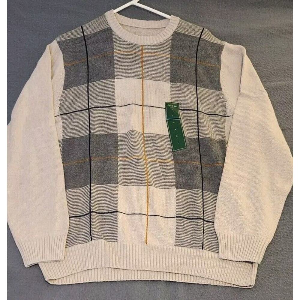 Vintage David Taylor Knit Sweater Mens Sz Large Tan Plaid Cotton Y2K NWT